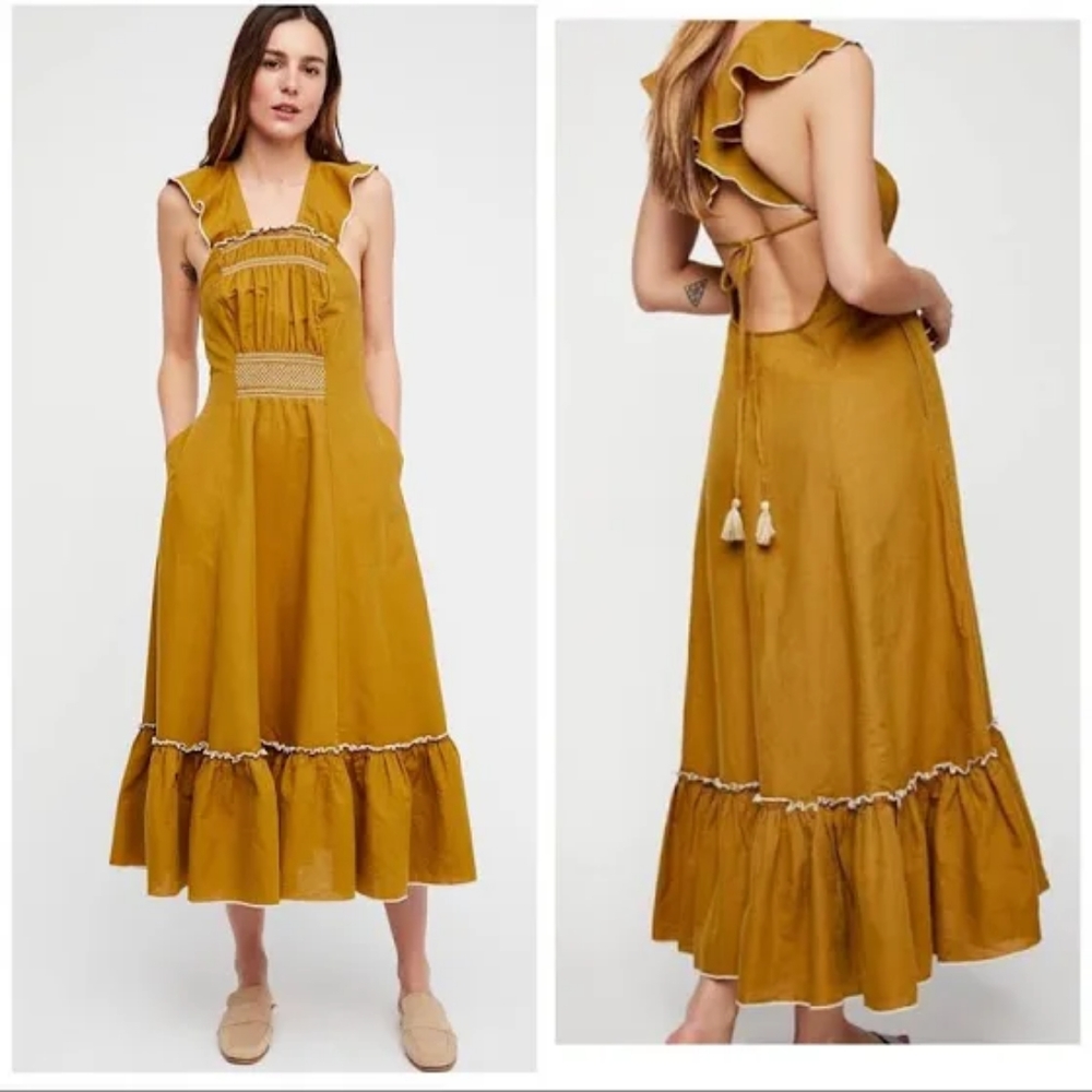 NWOT FREE PEOPLE ANIKA GOLD CHARTEUSE MIDI DRESS S